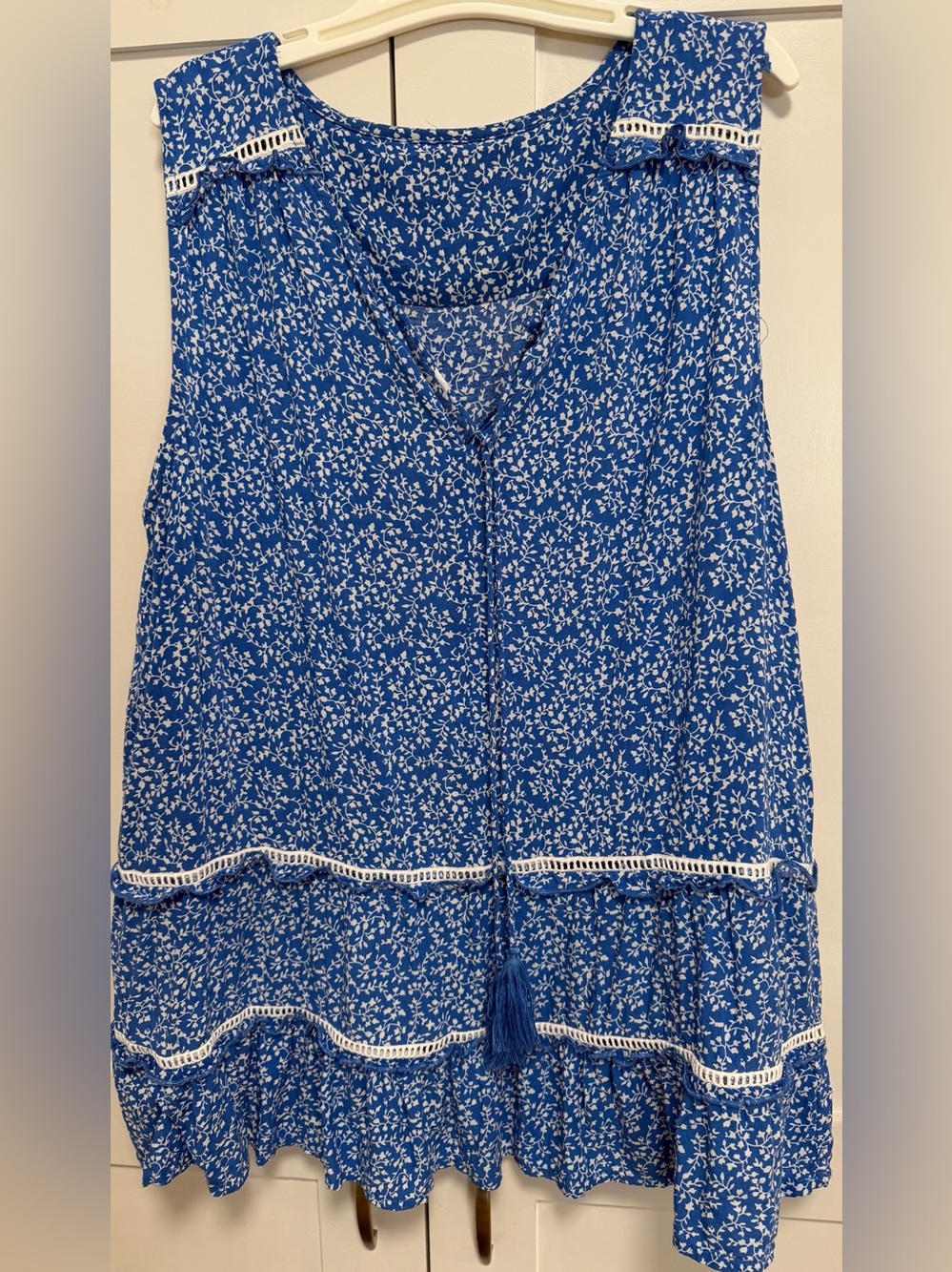 Blue Floral Tassel Tiered V- neck Top